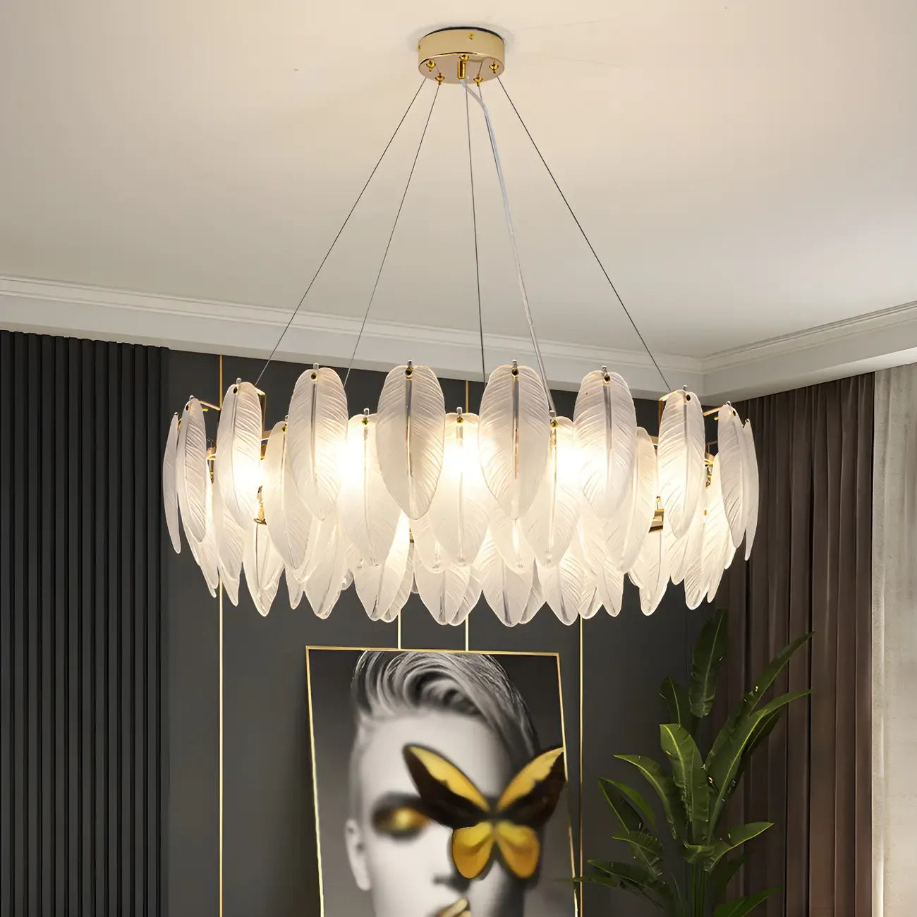 White Feather Glass Crystal Linear Modern Chandelier Image - 2
