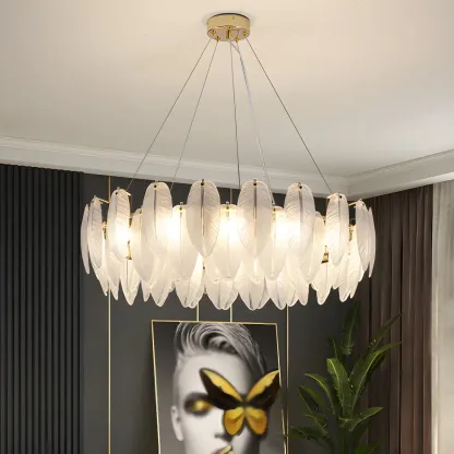 White Feather Glass Crystal Linear Modern Chandelier Image - 2