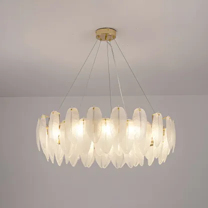 White Feather Glass Crystal Linear Modern Chandelier Image - 7