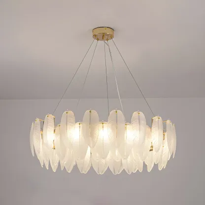 White Feather Glass Crystal Linear Modern Chandelier Image - 8