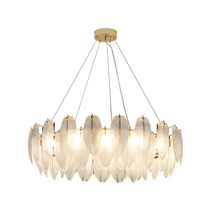 White Feather Glass Crystal Linear Modern Chandelier Image - 9
