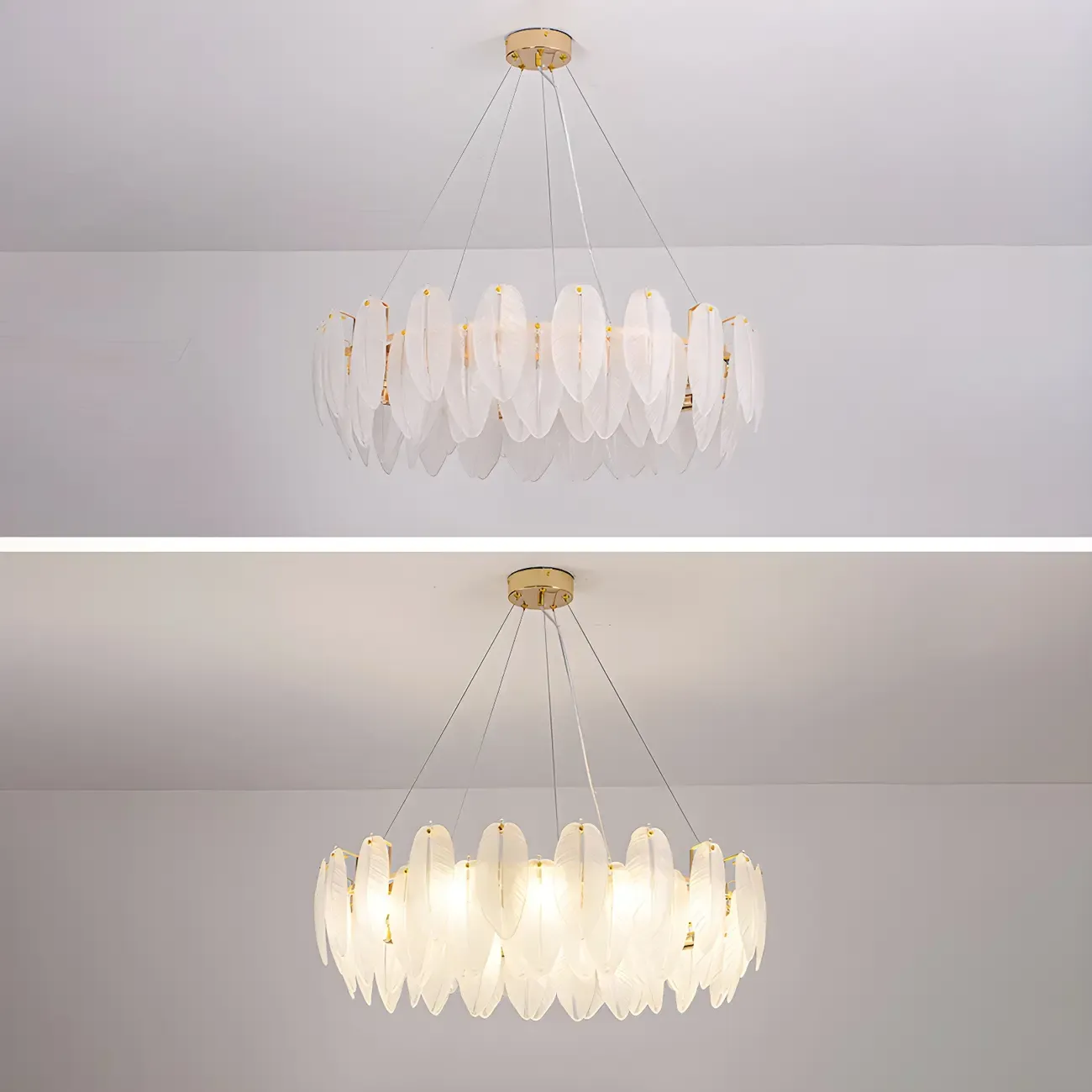 White Feather Glass Crystal Linear Modern Chandelier Image - 11