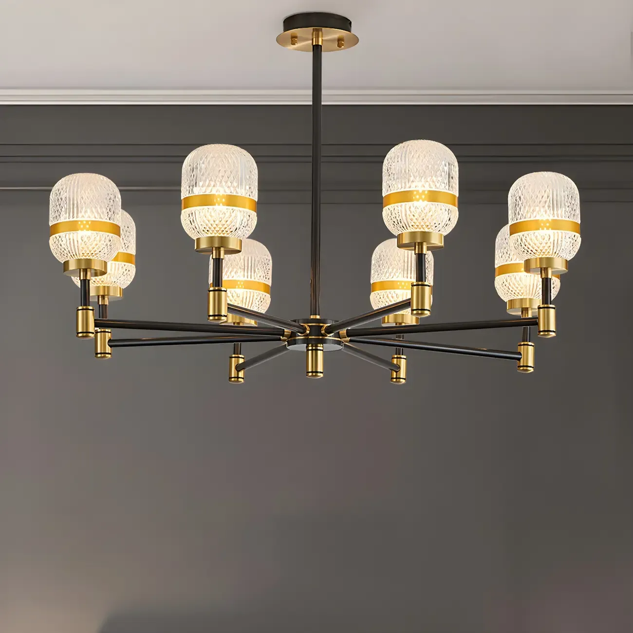 Black Gold Glass Modern Linear Crystal Chandelier Image - 7