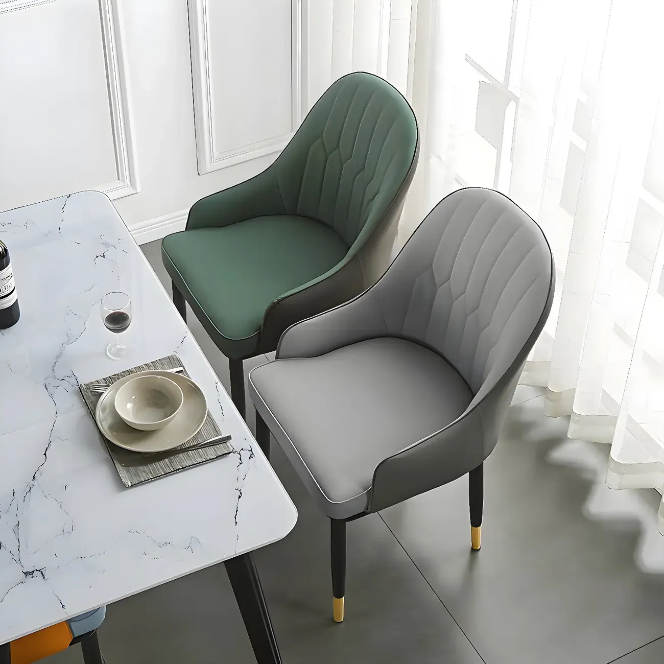 Contemporary Leather Armrest Dining Chair Curved Back Image - 2