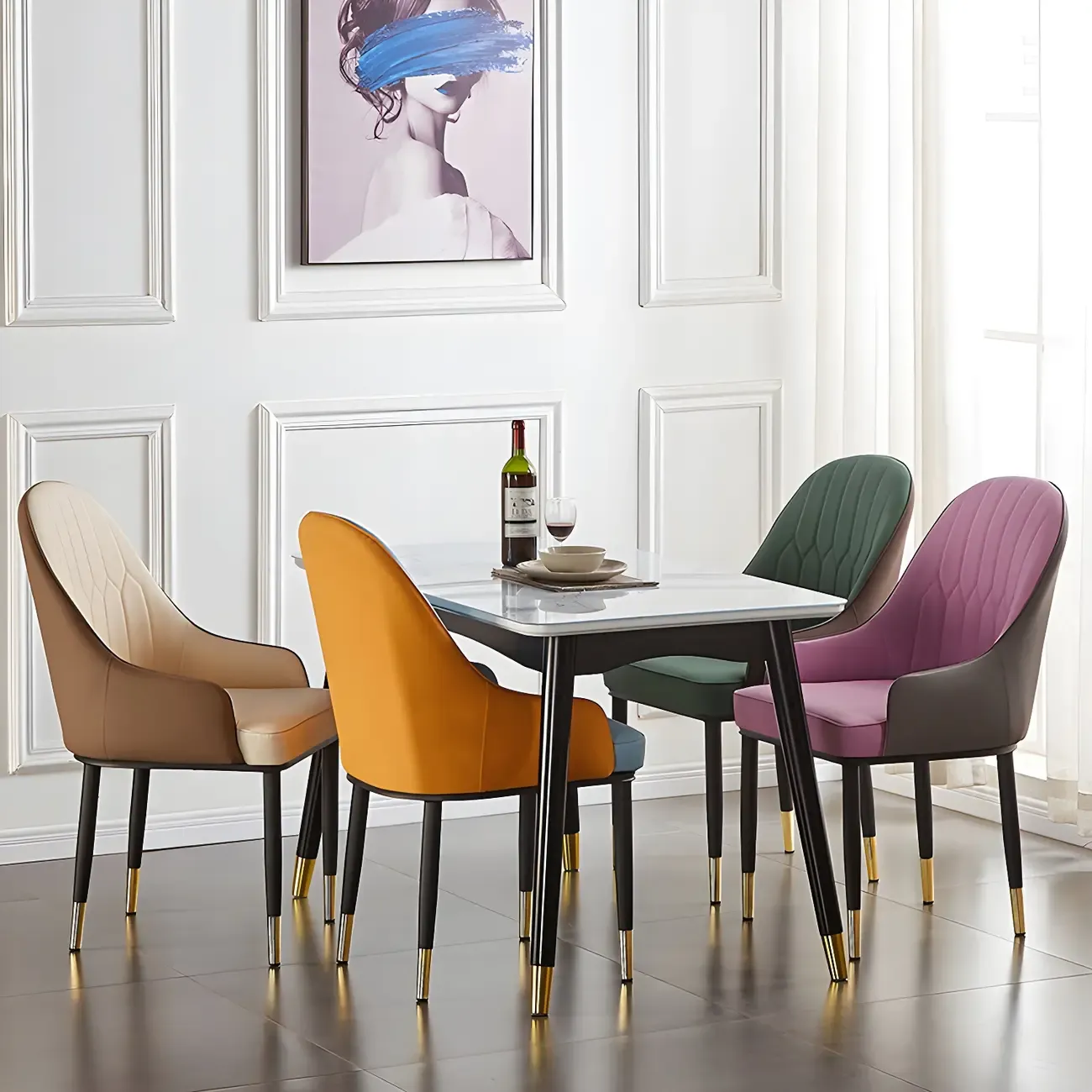 Contemporary Leather Armrest Dining Chair Curved Back Image - 9