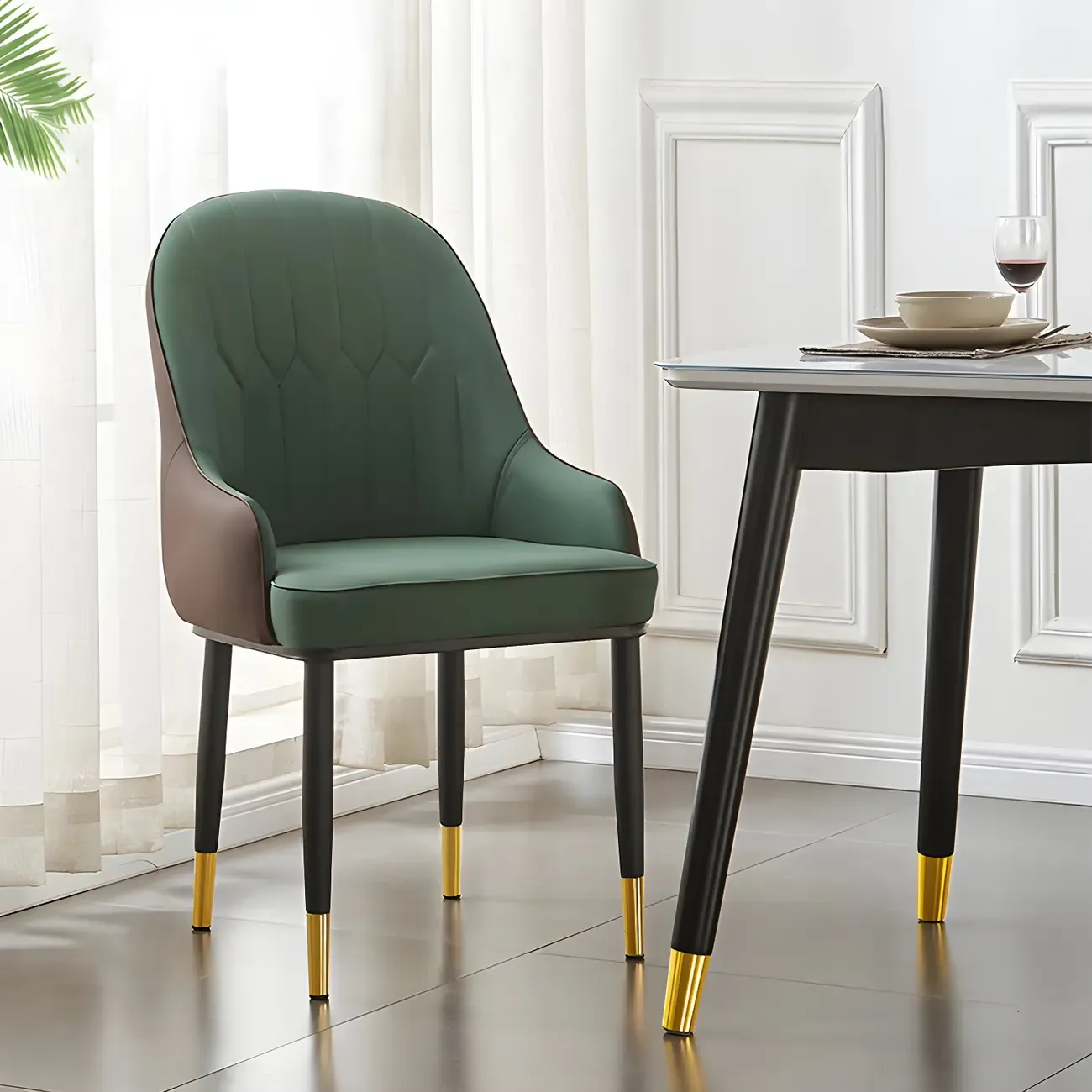 Contemporary Leather Armrest Dining Chair Curved Back Image - 21