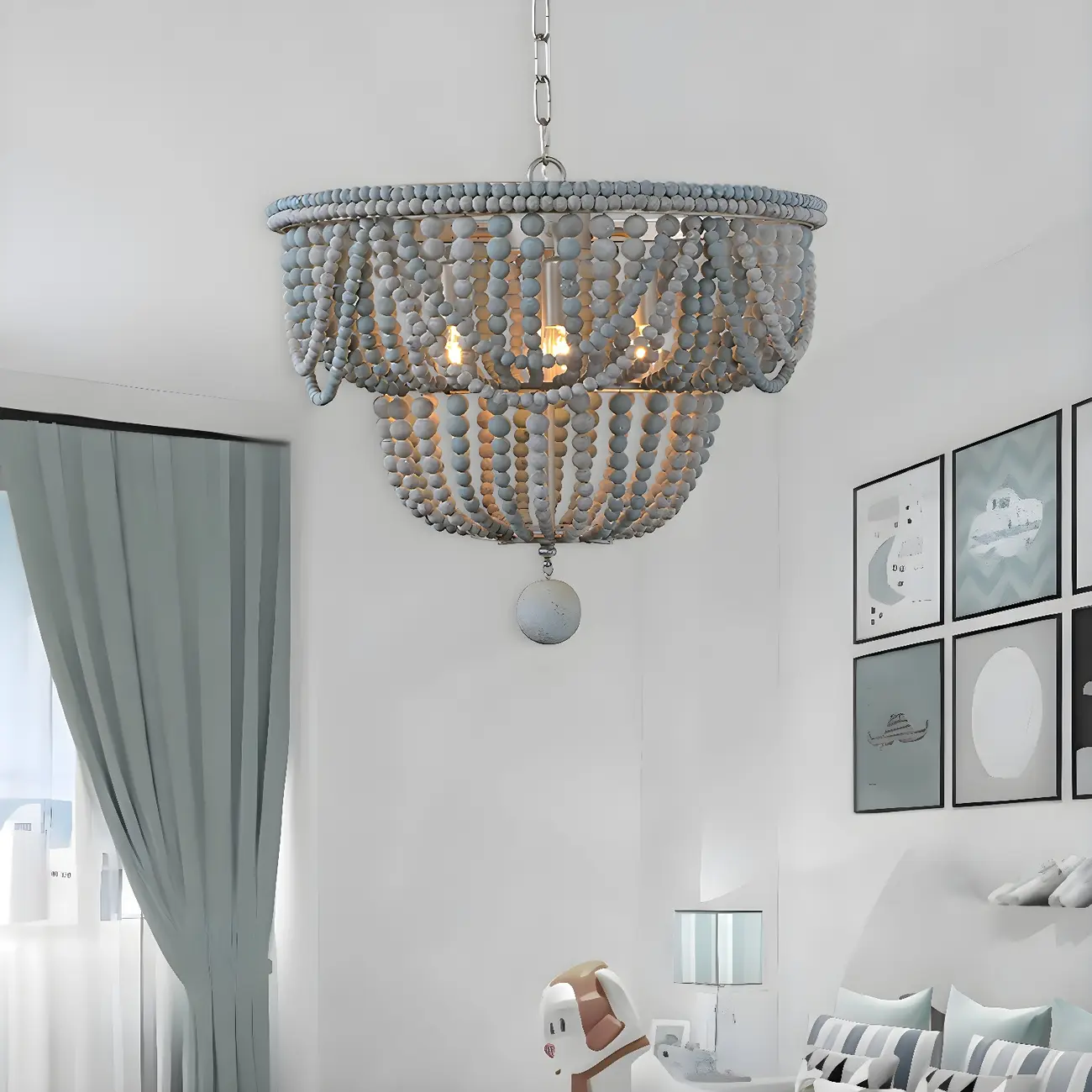 Blue Beaded Wood Semi-Circle Bohemian Chandelier Image - 3 | homeyfad