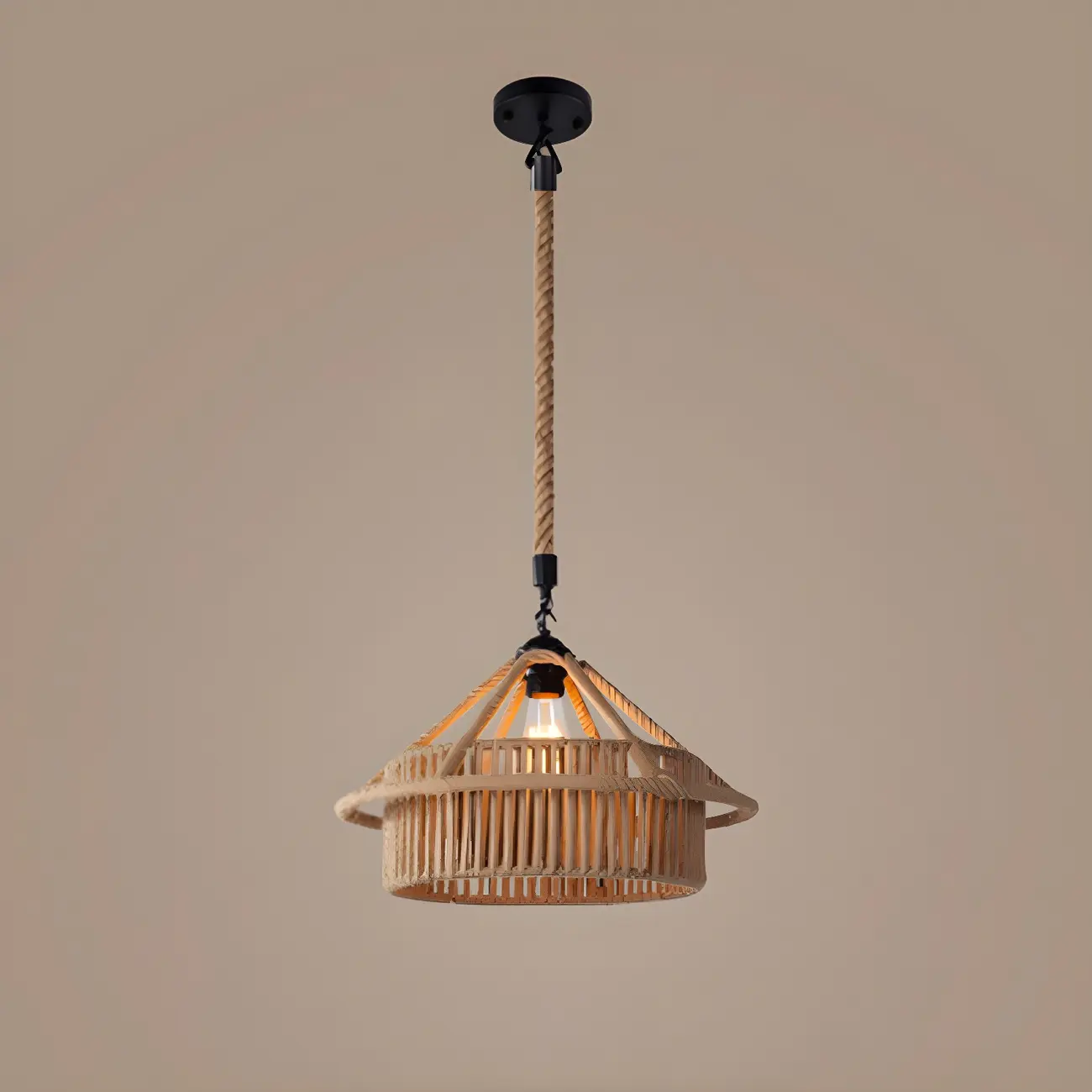 Industrial Rattan Black Metal Hemp Rope Pendant Light Image - 5 | homeyfad