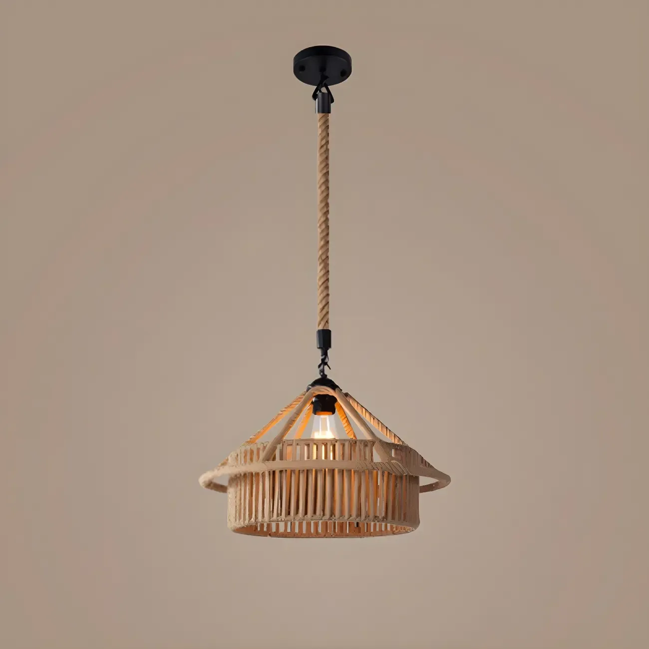 Industrial Rattan Black Metal Hemp Rope Pendant Light Image - 5