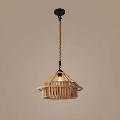 Industrial Rattan Black Metal Hemp Rope Pendant Light Image - 5