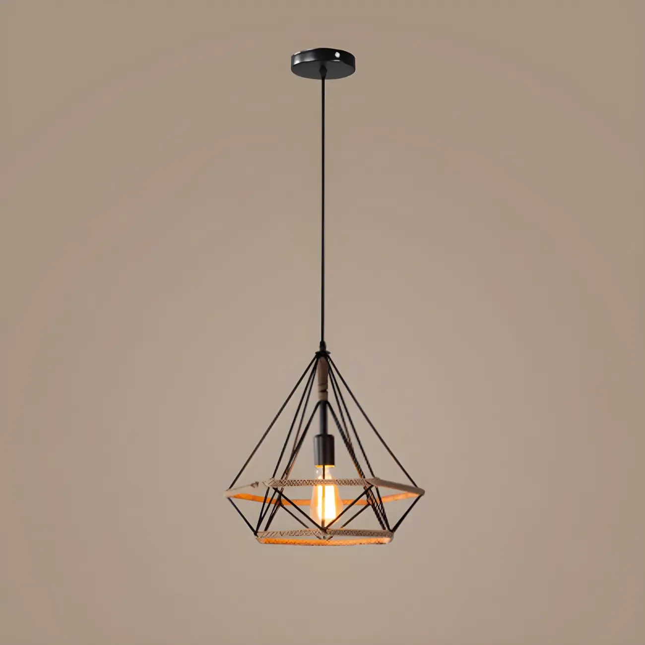 Industrial Rattan Black Metal Hemp Rope Pendant Light Image - 6