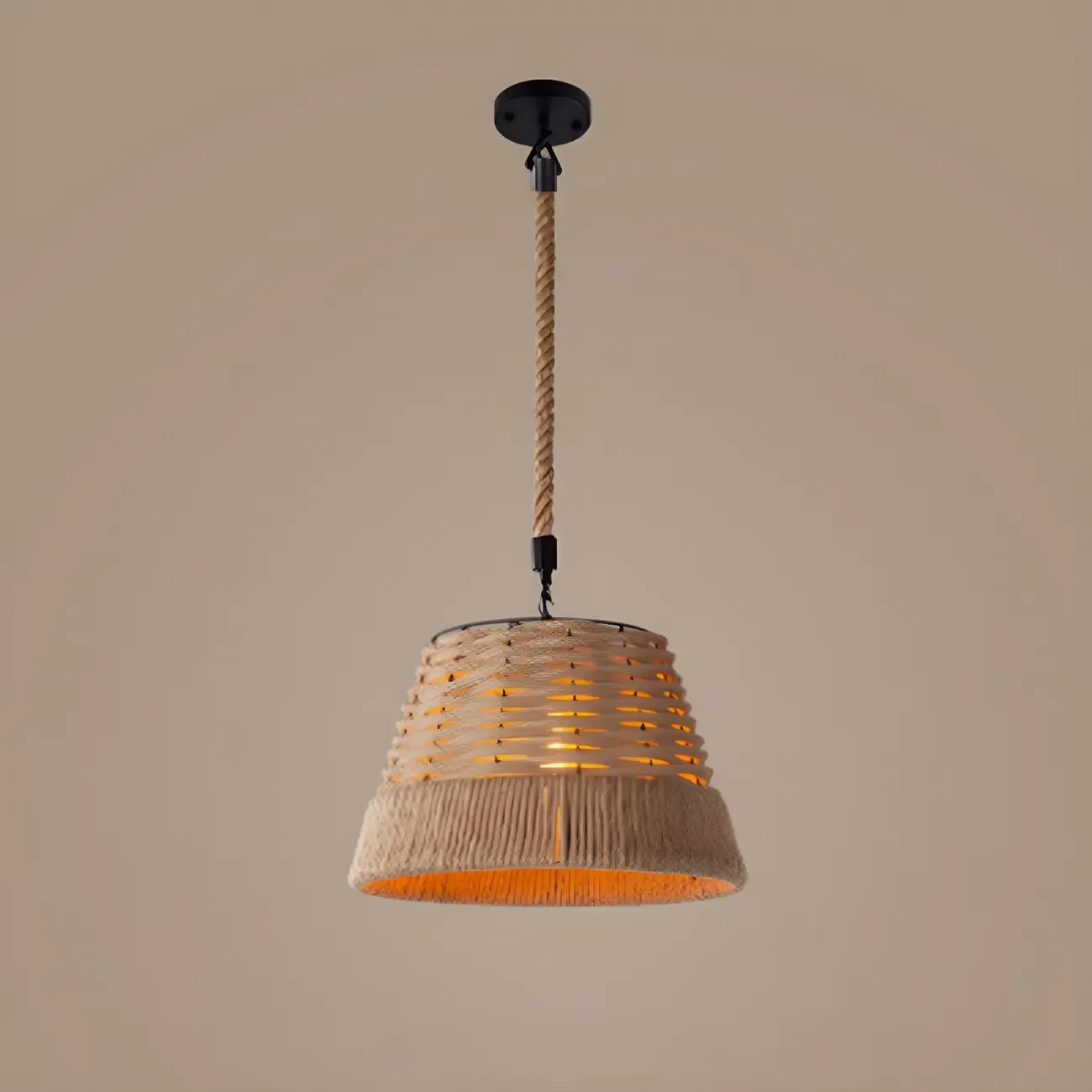 Industrial Rattan Black Metal Hemp Rope Pendant Light Image - 7