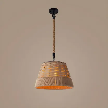 Industrial Rattan Black Metal Hemp Rope Pendant Light Image - 7