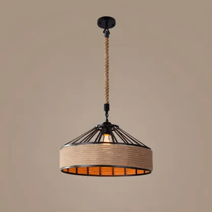 Industrial Rattan Black Metal Hemp Rope Pendant Light Image - 8
