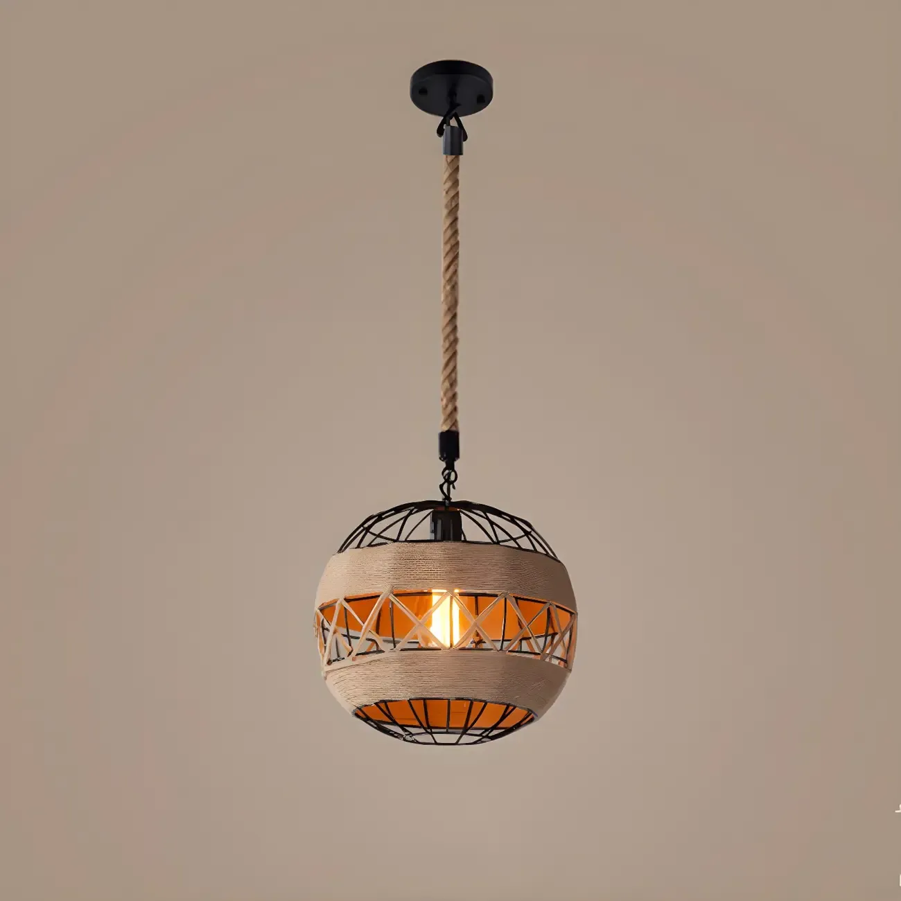 Industrial Rattan Black Metal Hemp Rope Pendant Light Image - 3