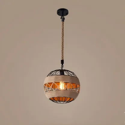Industrial Rattan Black Metal Hemp Rope Pendant Light Image - 3
