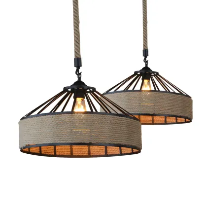 Industrial Rattan Black Metal Hemp Rope Pendant Light Image - 11