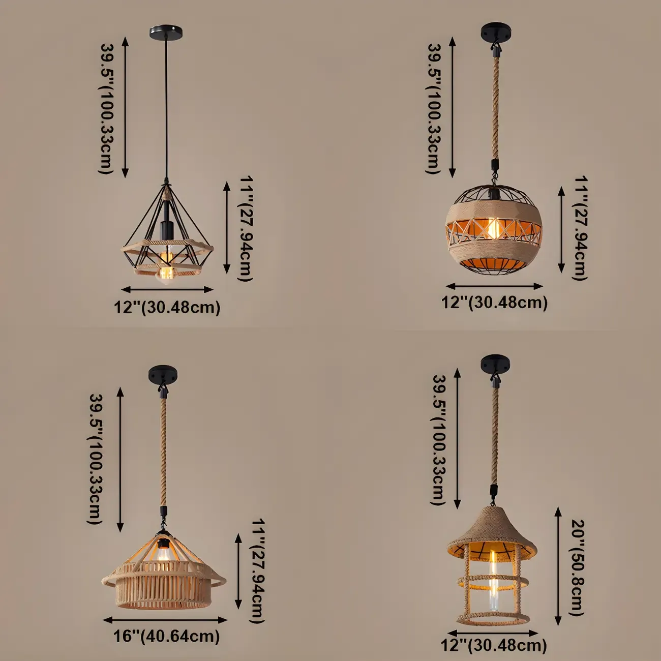 Industrial Rattan Black Metal Hemp Rope Pendant Light Image - 9