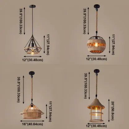 Industrial Rattan Black Metal Hemp Rope Pendant Light Image - 9