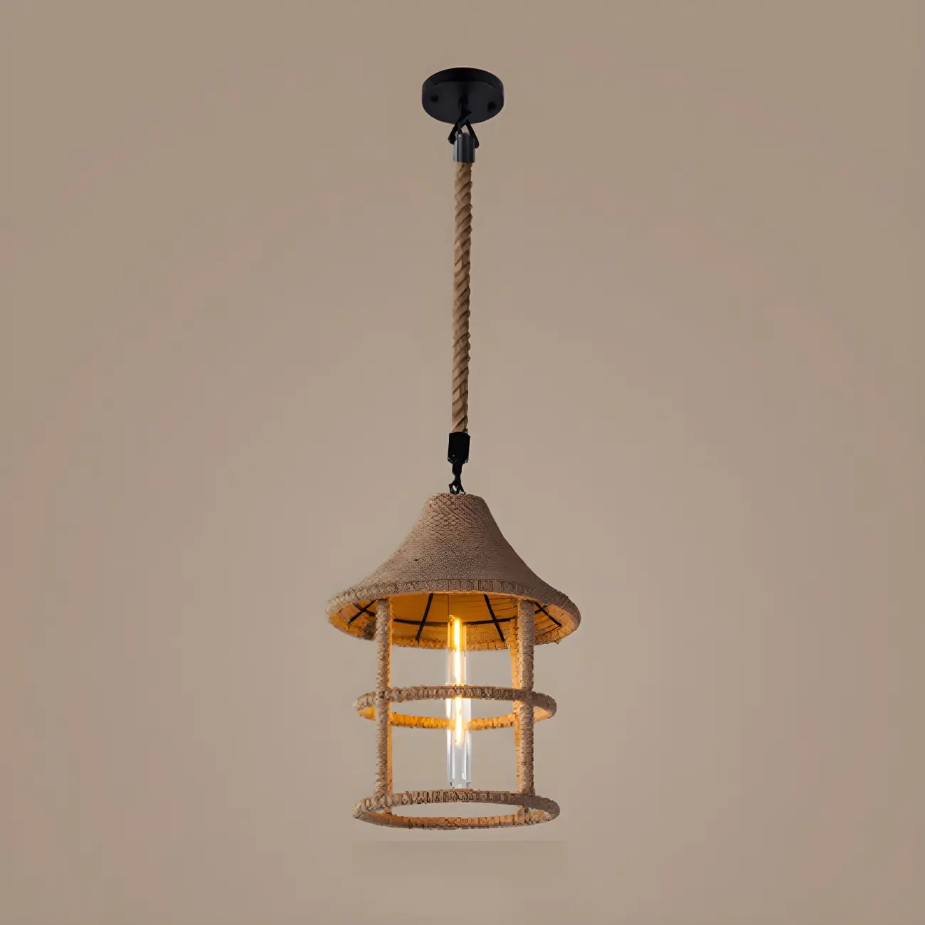 Industrial Rattan Black Metal Hemp Rope Pendant Light Image - 4 | homeyfad
