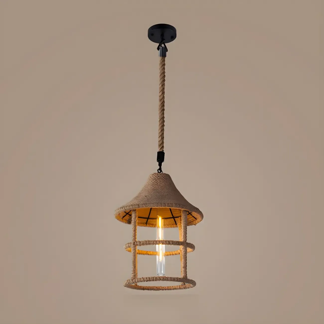 Industrial Rattan Black Metal Hemp Rope Pendant Light Image - 4