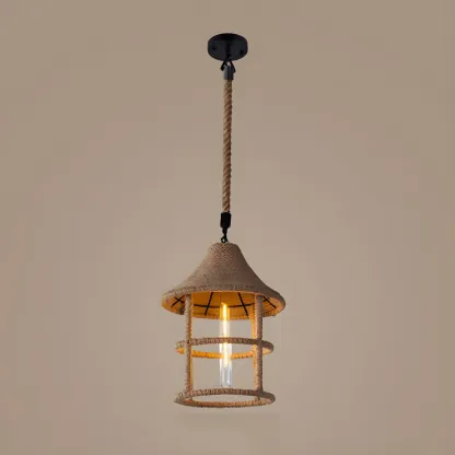 Industrial Rattan Black Metal Hemp Rope Pendant Light Image - 4