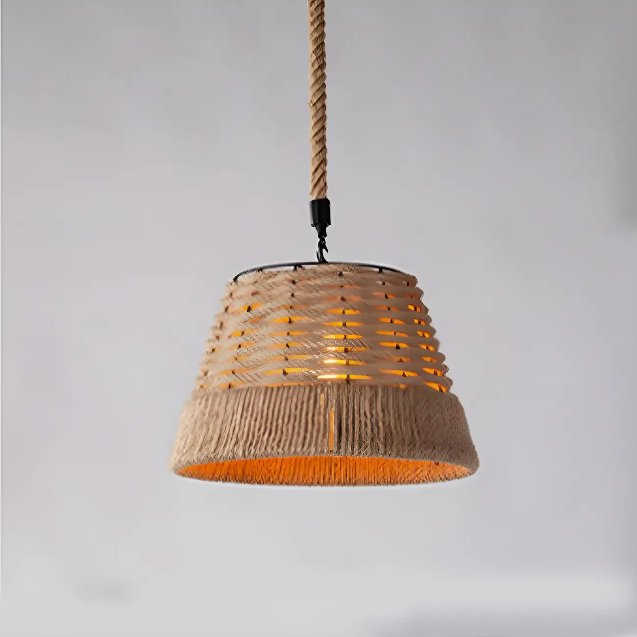 Industrial Rattan Black Metal Hemp Rope Pendant Light Image - 12