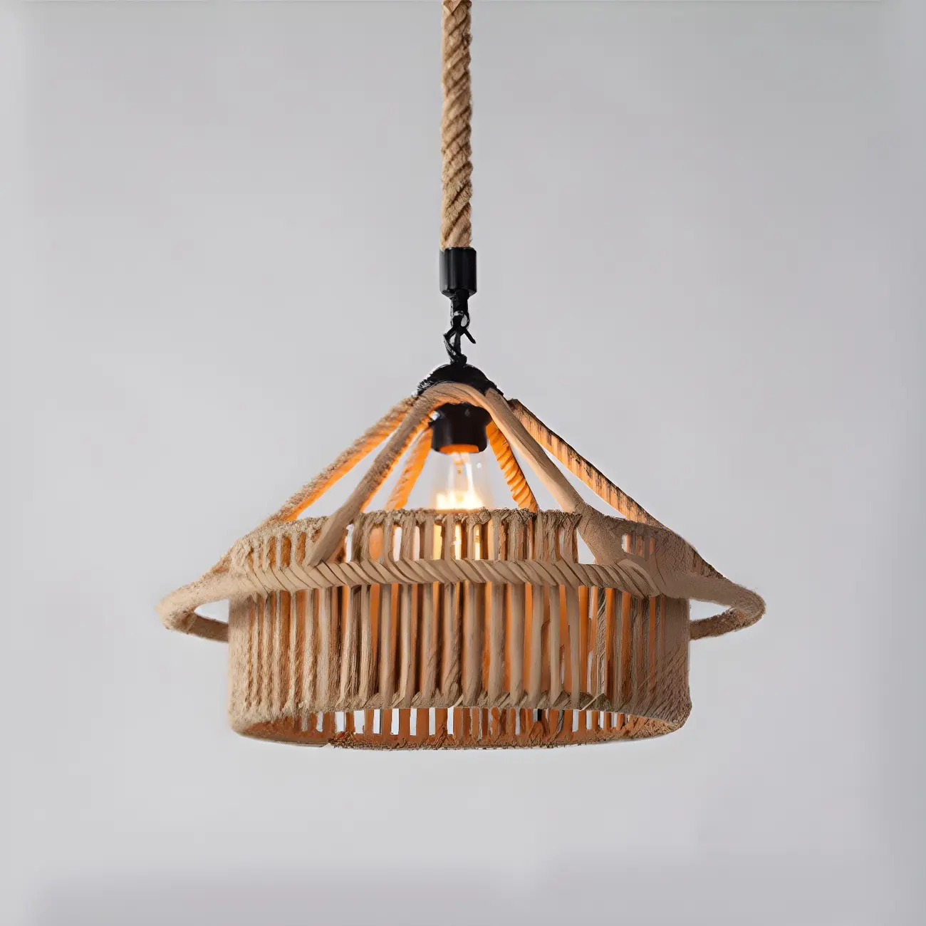 Industrial Rattan Black Metal Hemp Rope Pendant Light Image - 13 | homeyfad