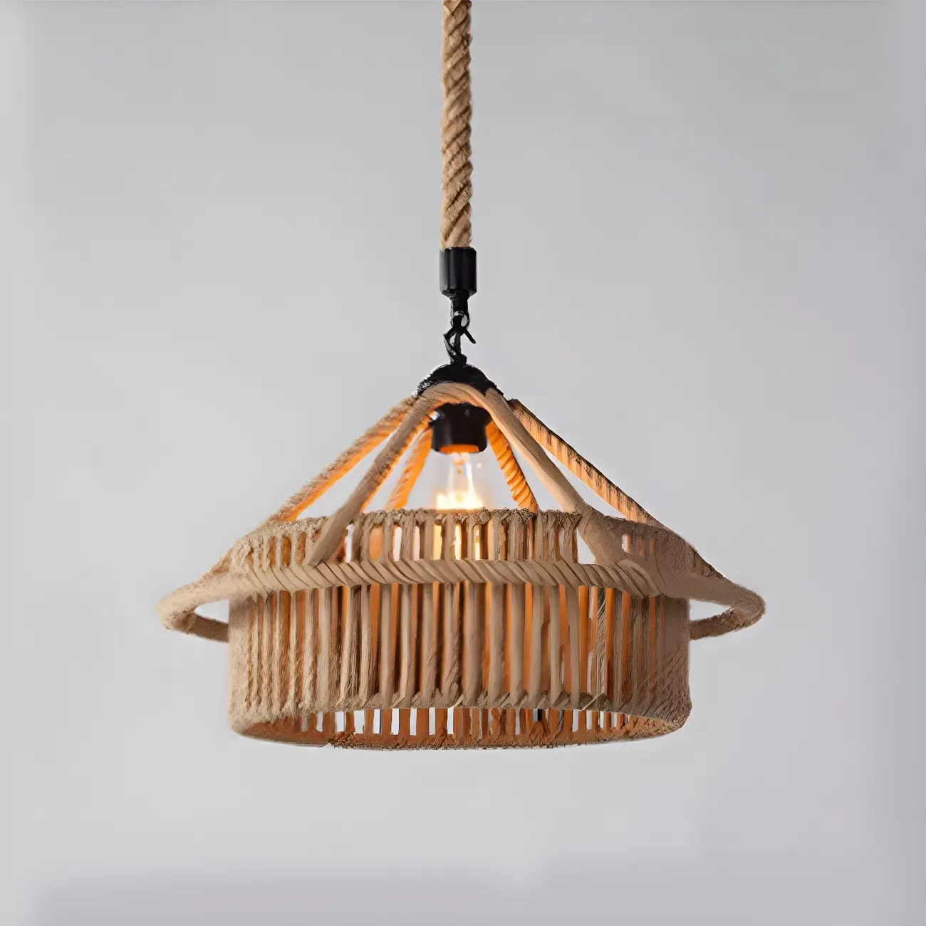 Industrial Rattan Black Metal Hemp Rope Pendant Light Image - 13