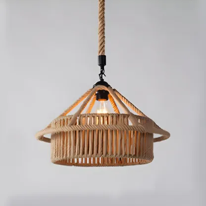 Industrial Rattan Black Metal Hemp Rope Pendant Light Image - 13