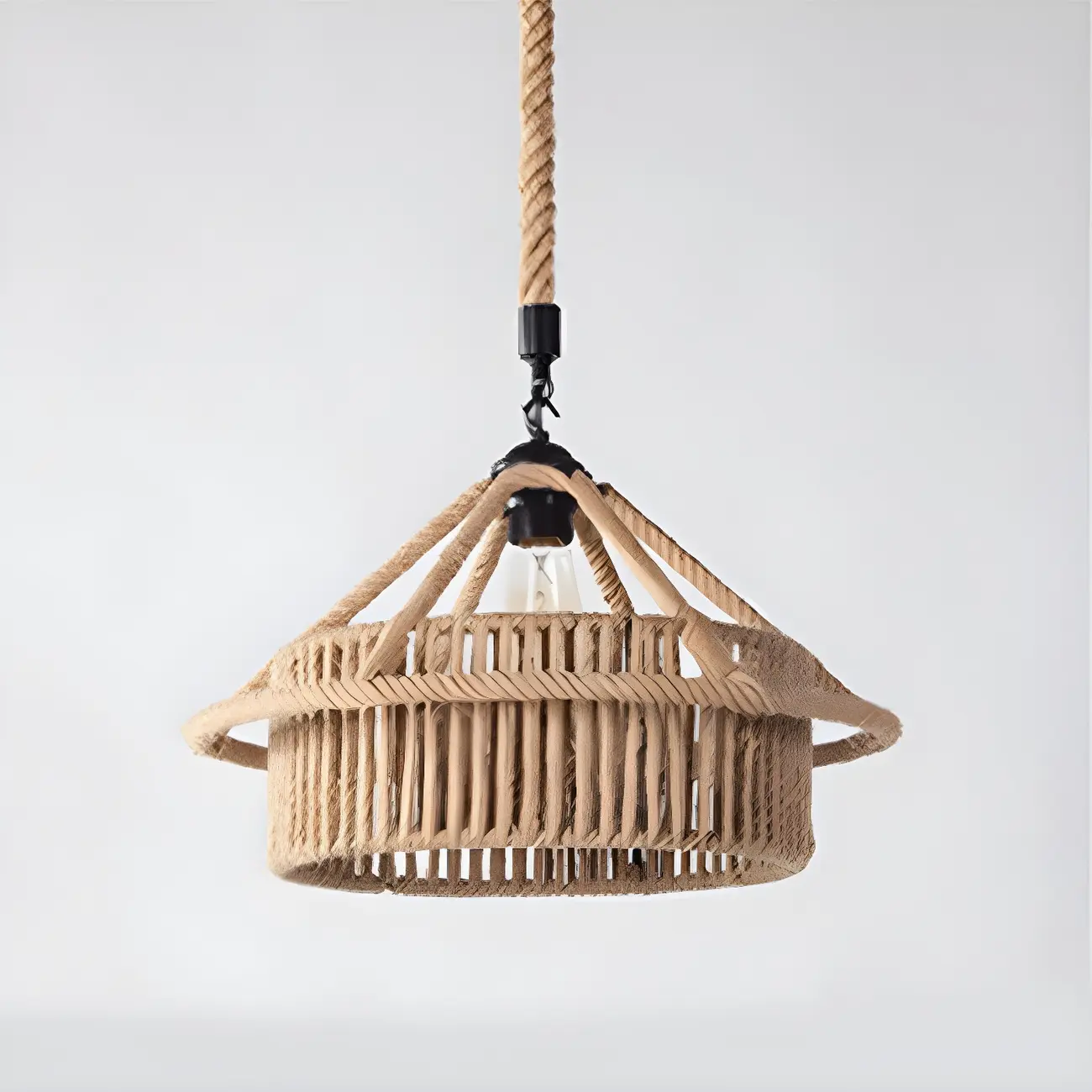 Industrial Rattan Black Metal Hemp Rope Pendant Light Image - 14 | homeyfad