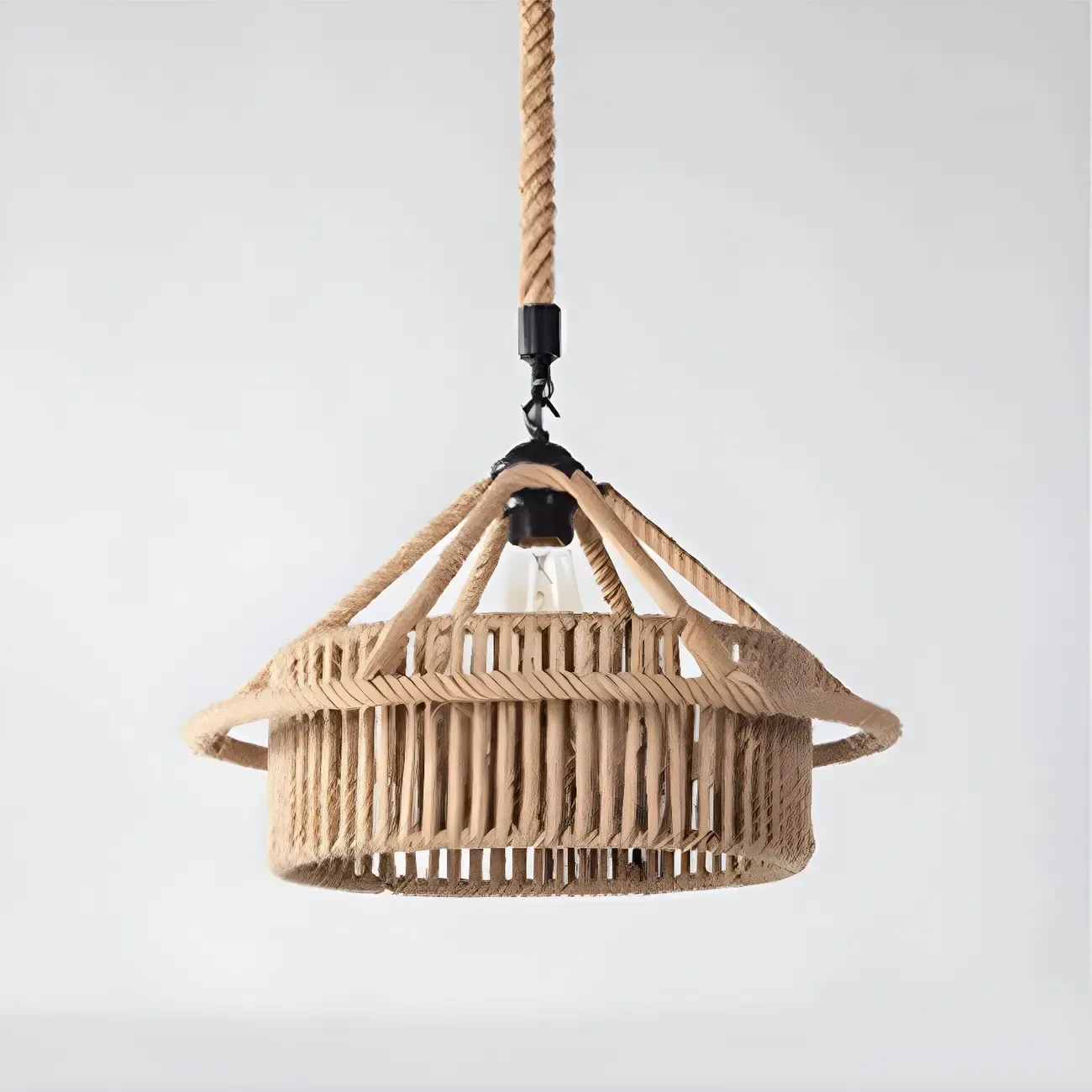 Industrial Rattan Black Metal Hemp Rope Pendant Light Image - 14