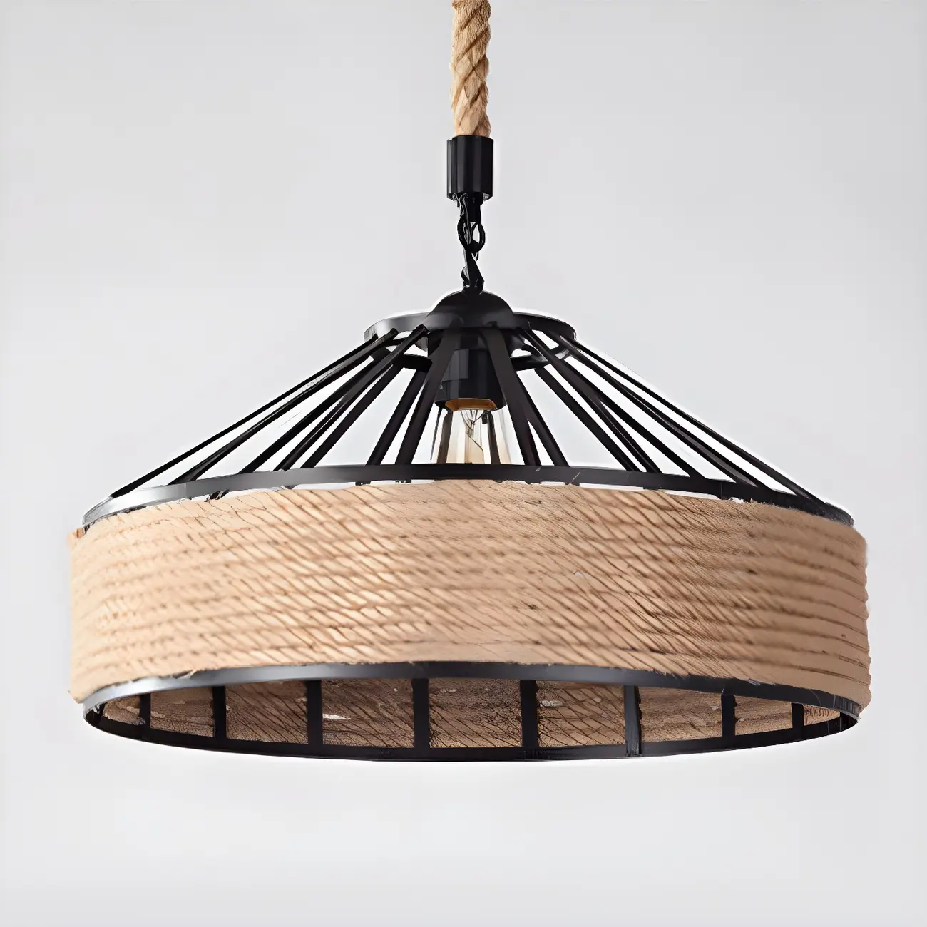 Industrial Rattan Black Metal Hemp Rope Pendant Light Image - 15 | homeyfad