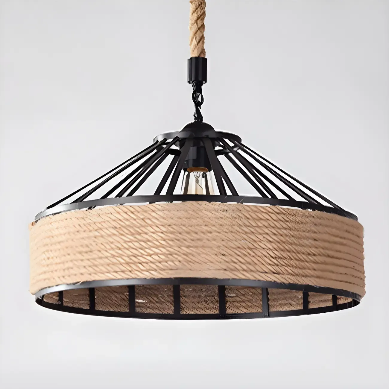 Industrial Rattan Black Metal Hemp Rope Pendant Light Image - 15