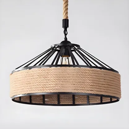 Industrial Rattan Black Metal Hemp Rope Pendant Light Image - 15