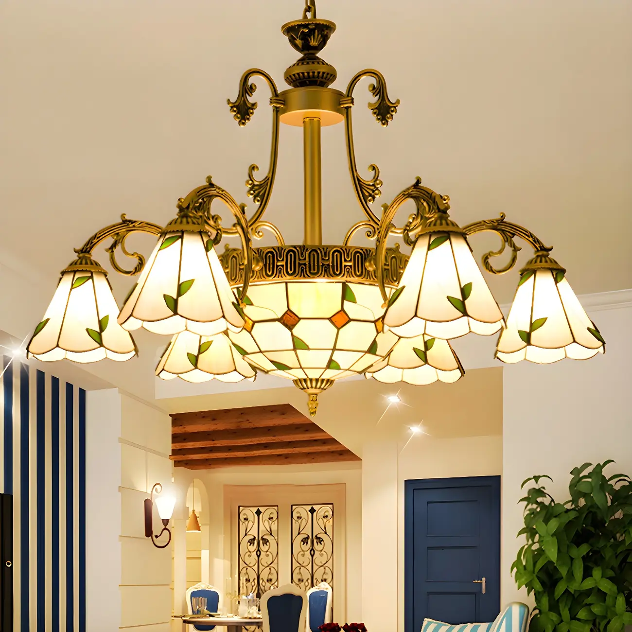 Vintage Gold Floral Glass Adjustable Hanging Chandelier | homeyfad