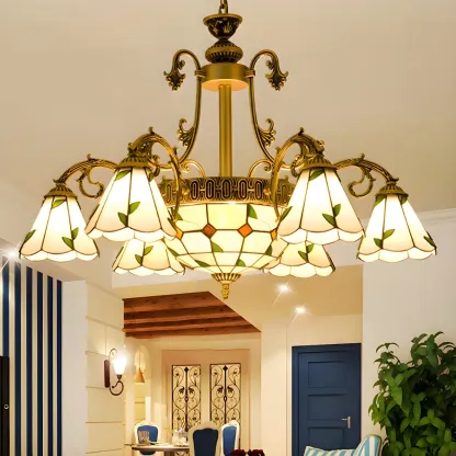 Vintage Gold Floral Glass Adjustable Hanging Chandelier