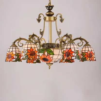 Vintage Gold Floral Glass Adjustable Hanging Chandelier
