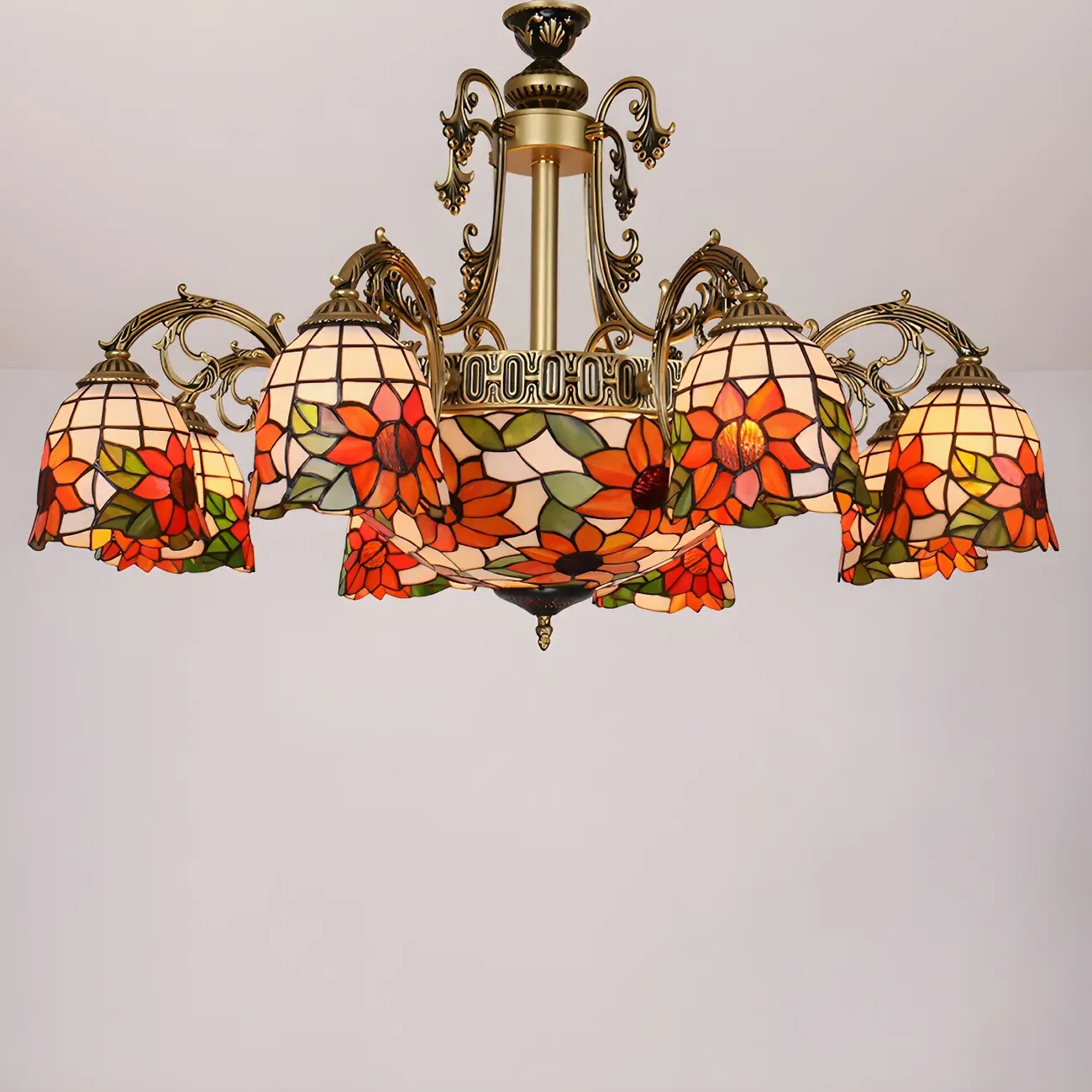 Vintage Gold Floral Glass Adjustable Hanging Chandelier