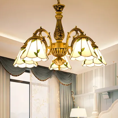 Vintage Gold Floral Glass Adjustable Hanging Chandelier