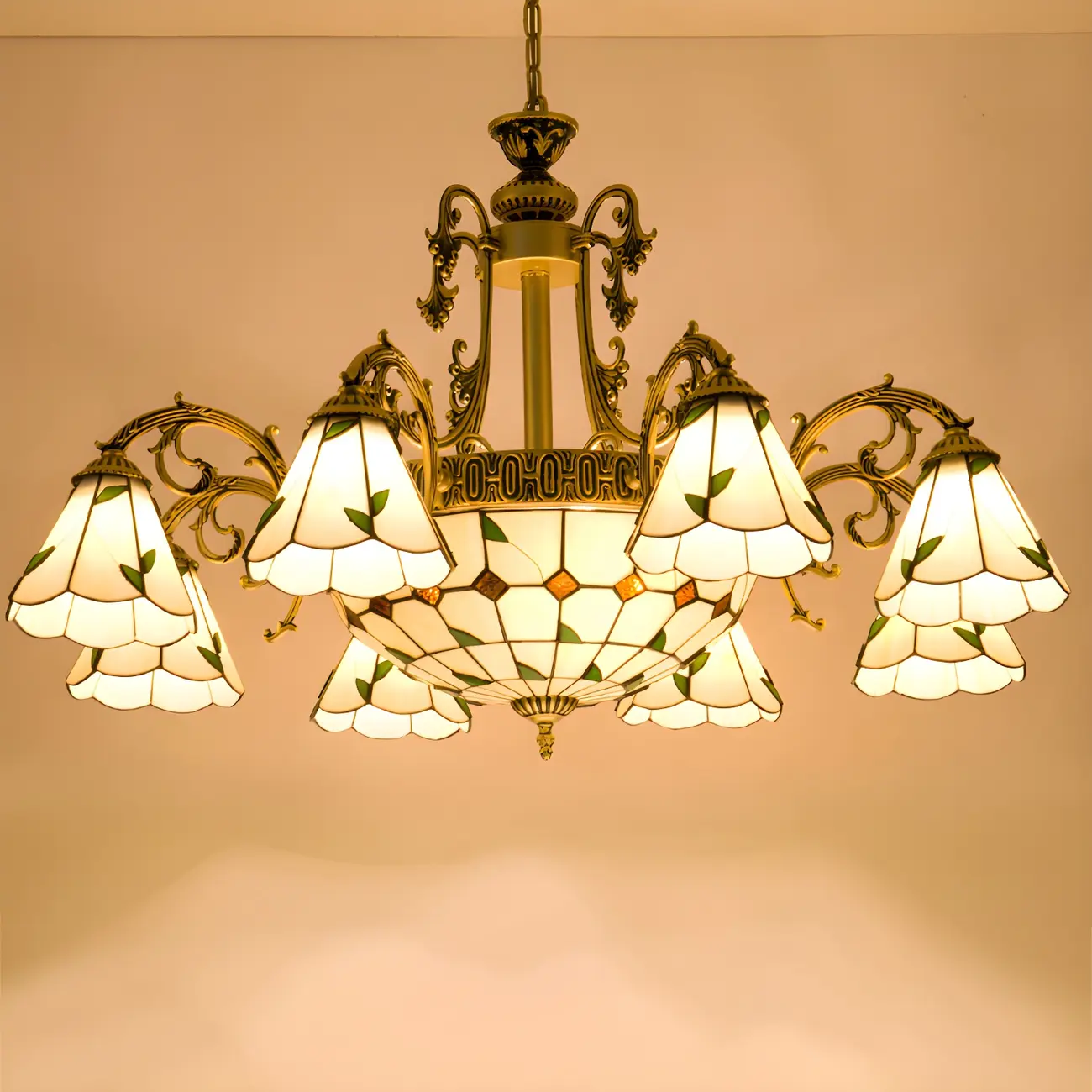 Vintage Gold Floral Glass Adjustable Hanging Chandelier | homeyfad