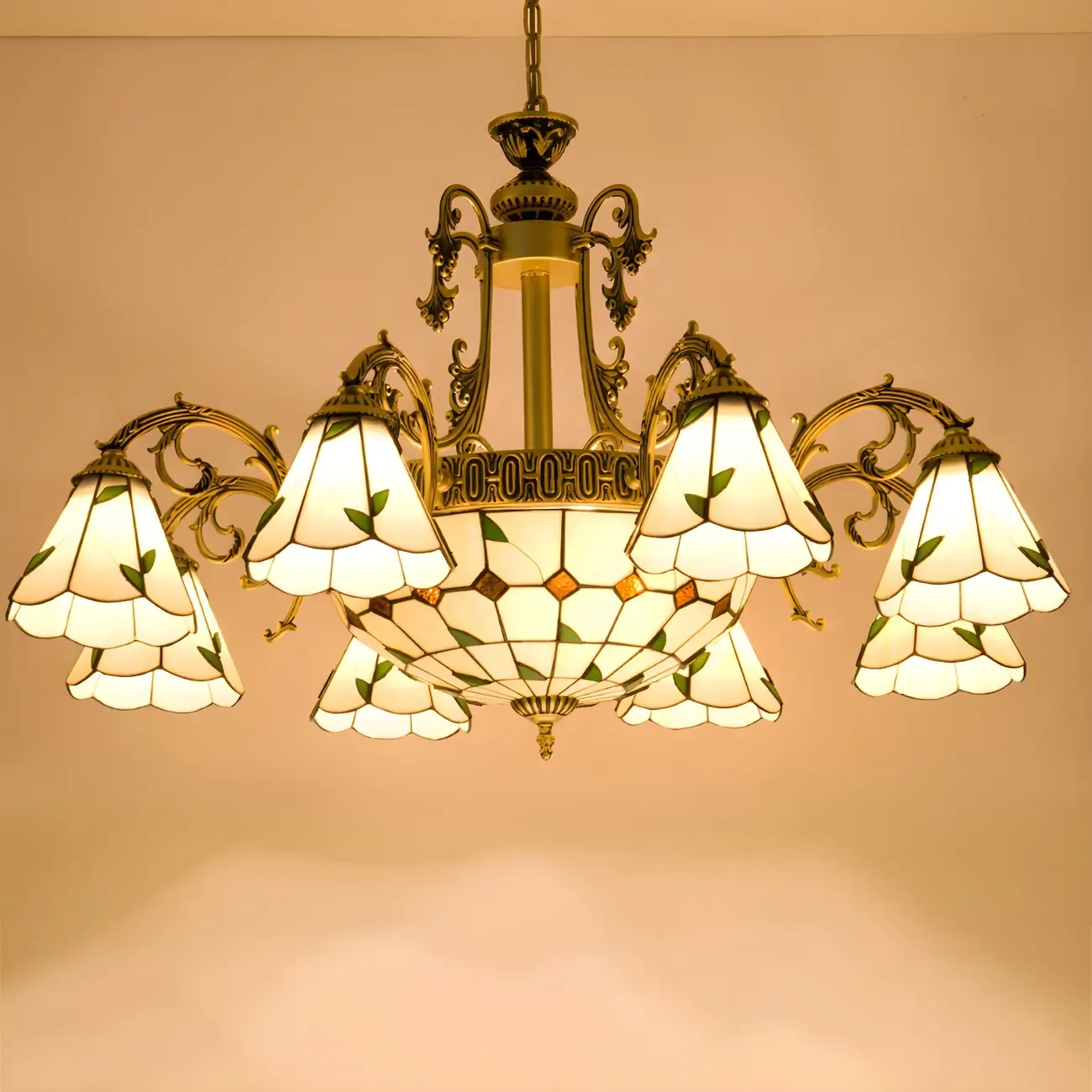 Vintage Gold Floral Glass Adjustable Hanging Chandelier