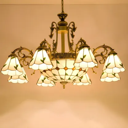 Vintage Gold Floral Glass Adjustable Hanging Chandelier