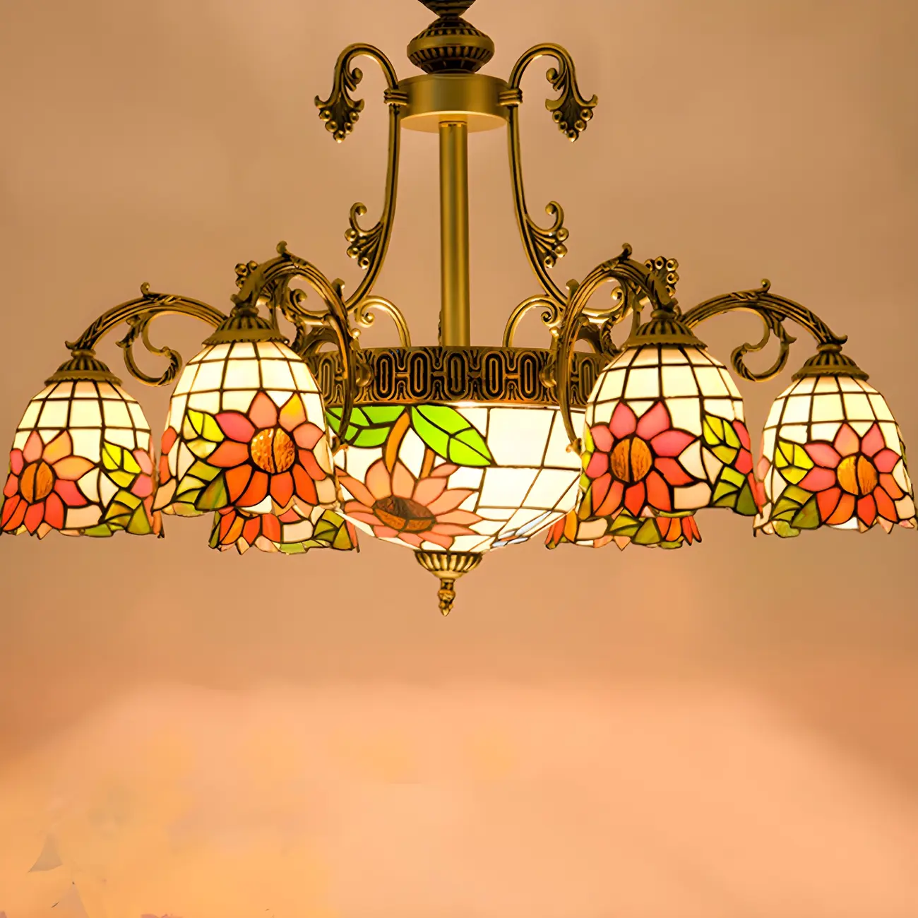 Vintage Gold Floral Glass Adjustable Hanging Chandelier | homeyfad