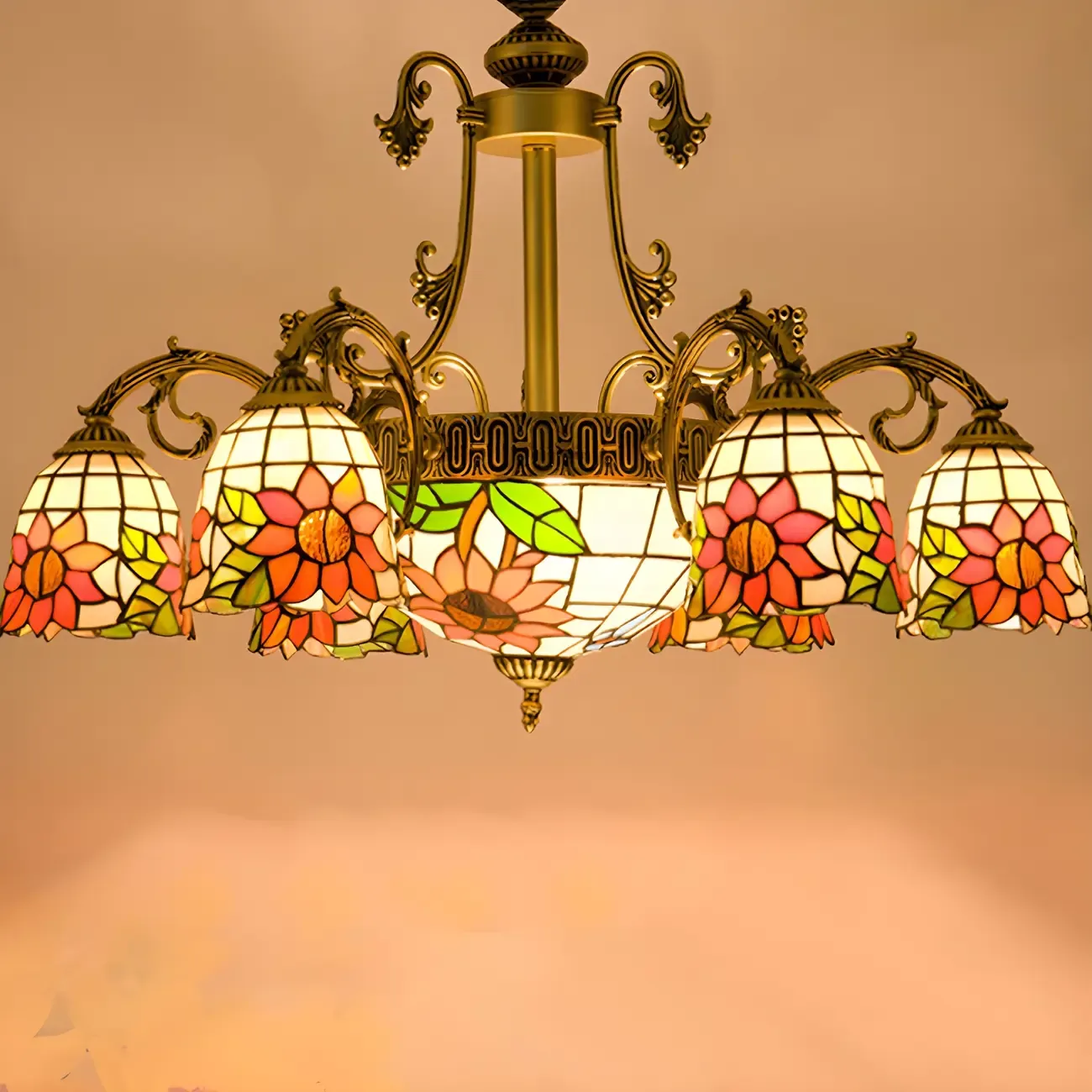 Vintage Gold Floral Glass Adjustable Hanging Chandelier