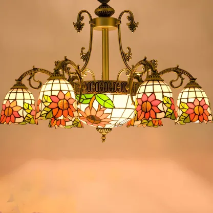 Vintage Gold Floral Glass Adjustable Hanging Chandelier