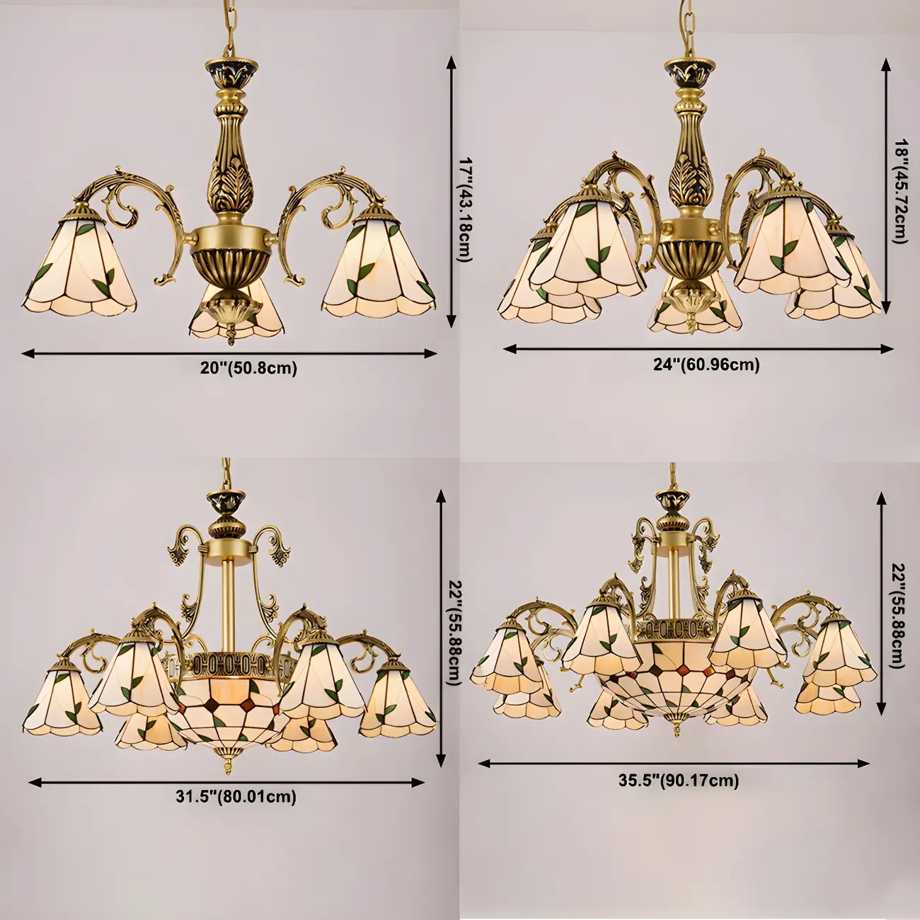 Vintage Gold Floral Glass Adjustable Hanging Chandelier