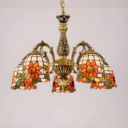 Vintage Gold Floral Glass Adjustable Hanging Chandelier