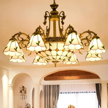 Vintage Gold Floral Glass Adjustable Hanging Chandelier