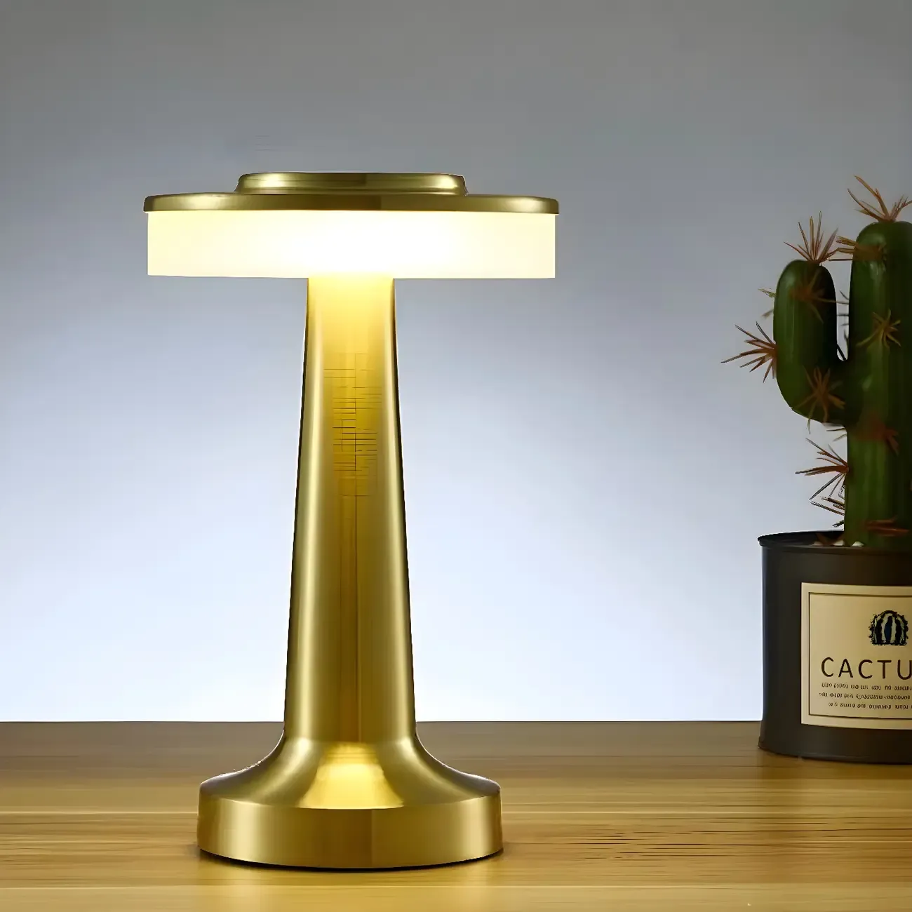 Gold Metal LED Drum Shade Cordless Table Lamp Image - 2